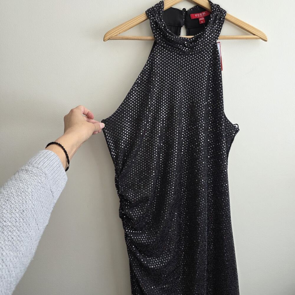 NWT Guess XL Metallic Black Silver High Neck Sleeveless Midi Dress Party Glam